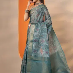 Libas Blue Printed Saree With Unstitched Blouse image 3