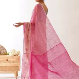 Jaypore Pink Cotton Silk Checked Applique Saree image 2