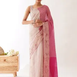 Jaypore Pink Cotton Silk Checked Applique Saree image 3