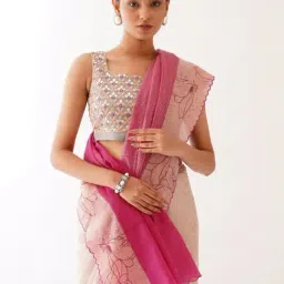 Jaypore Pink Cotton Silk Checked Applique Saree image 5