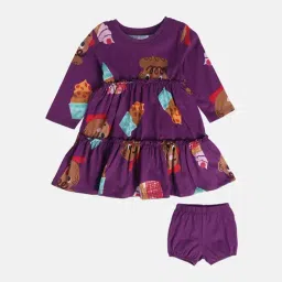 MINIKLUB Girls Purple Printed Full Sleeves Dress with Bloomers-picture-10