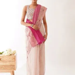 Jaypore Pink Cotton Silk Checked Applique Saree image 4