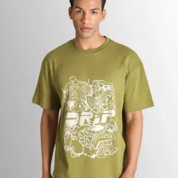 Bene Kleed Green Cotton Loose fit Print T-Shirt-image-1