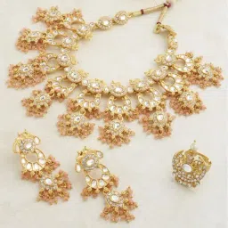 Zaveri Pearls Peach Dangling Beads Kundan Choker Necklace Earring & Ring Set-ZPFK13651-image-0