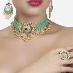 Zaveri Pearls Green Meenakari Multistrand Crystals Beaded Choker Necklace Earring Ring Set-ZPFK13648-image-62