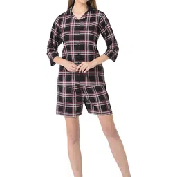 cozmostore Women's Check Printed Cotton Nightsuit, Shorts and Shirt Set image 1