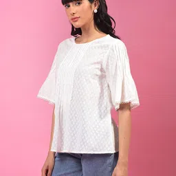 crimsoune club Women's White Embroidered 100% Cotton Top image 3