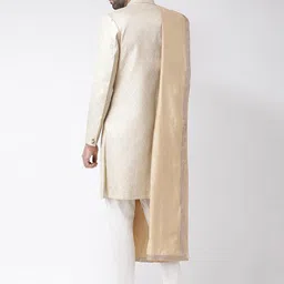 kisah Men's Indo-Western Sherwani Churidar With Dupatta Set, Cream Brocade Woven Design Regular Fit Mandarin Collar Full Sleeves image 3
