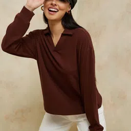 styli Women’s V-Neck Collared T-Shirt | Long Sleeve Brushed Rib Polo in Soft Ribbed Viscose Blend | Relaxed Fit Solid Design Casual Wear for Women & Girls image 3