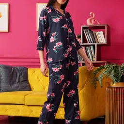 clovia Women's Crepe Pretty Florals Button Me Up Shirt & Pajama Set image 3