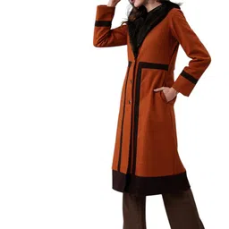 poshbery Rust and Brown full sleeve single breasted button knee length fur detail coat. image 2