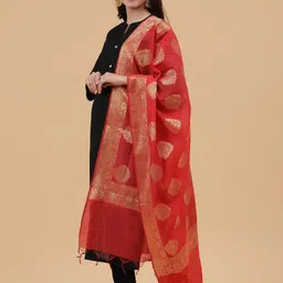 banjara india Banarasi Handloom Kora Silk Zari Dupatta with Gold Floral Pattern, 2.25 Metres image 5