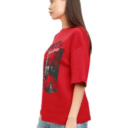 leotude Oversized Half Sleeve Tshirt for Women, Round Neck Longline Printed Drop Shoulder T-Shirt (Color Red) image 4