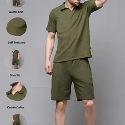 rigo Cotton Blend Waffle Knit Self Textured Co-Ord Set For Men's|Night Suit Set|Lounge-Wear Pajama Set|Night Wear, Beach Wear, Vacation Wear image 3