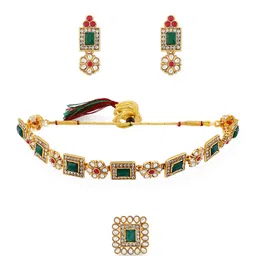 zaveri pearls Green & Pink Stones Ethnic Collar Bone Necklace Earring & Ring Set For Women-ZPFK11665 image 1