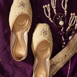 jm looks 1 Designer Punjabi Jutti for Women | Stone & Pearl Embellished Mojari for Brides & Special Occasions image 3