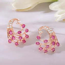 rubans Women's Rose-Gold Plated Peacock Shaped Ruby Studded Earrings image 3