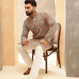 sojanya (Since 1958 Men's Cotton Silk Gold Thread Floral Embroidered Kurta with White Pyjama image 2