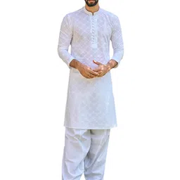 see designs Cotton Regular Fit Mandarin Collar Long Sleeves Embroidered Kurta Set image 1