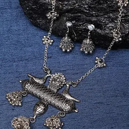 shining diva fashion Latest Oxidised German Silver Afghani Long Chain Pendant Earrings Necklace Jewellery Set for Women (Silver) (12013s) image 4