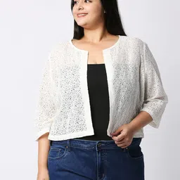 style quotient Women Off White Self Design Floral Lace Open Front Smart Casual Shrug image 2