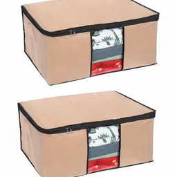 Pretty Krafts Pack of 2 Non Woven Moisture Proof Underbed Cloth Storage Organizer with Zipper Lock & Handles | Wardrobe Organizer for Cloth Saree Quilt Blanket Toy Storage Bag (62x45x30cm, Beige) image 1