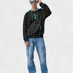 crazymonk Men's Cotton Printed Full Sleeve Oversized Kaiju No.8 Hoodie - Black image 4