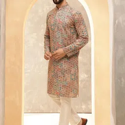 sojanya (Since 1958 Men's Cotton Silk Gold Thread Floral Embroidered Kurta with White Pyjama image 3