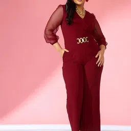 kassually CURVE jumpsuits for women Maroon Mesh Net Full Sleeve Jumpsuit image 2