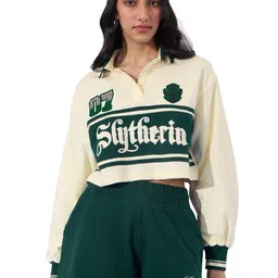 the souled store Harry Potter: Slytherin Prefect Women and Girls Long Sleeves Collared Neck Off White Graphic Printed Cotton Cropped Rugby Polos image 1