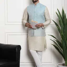 sojanya (Since 1958 Men's Silk Blend Kurta and Pyjama with Nehru Jacket image 2