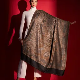 zamour Women's Faux Pashmina Jacquard Woven Jamawar Mughal Shawl in Golden Black image 4