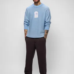 the souled store Knitted Pullover: Blue Wave Men and Boys Long Sleeves Round Neck Embroidered Acrylic Oversized Pullovers image 2