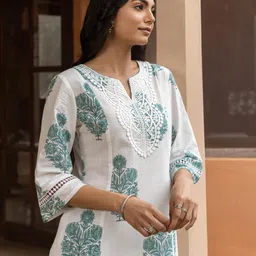 fiorra Women's White Cotton Flared Kurta Set image 4