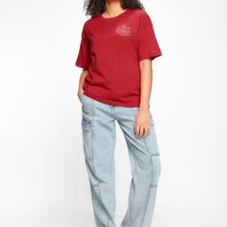 bewakoof Women's 100% Cotton Graphic Print Oversized Fit Round Neck T-Shirt image 4