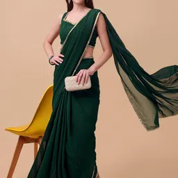 sataz Women's Ready to Wear Bottle Green Georgette 1 Minute Pre Pleated Mirror Lace Saree with Unstiched Blouse image 5