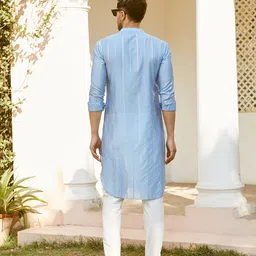 see designs Men Full Sleeve Turquoise Blue Chanderi Silk Sequins Cotton Mandarin Collar Side Slit Kurta With Pyjama image 5