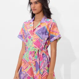 the souled store Jungle Vibes Women and Girls Short Sleeves Collared Neck Button Front Short Bottoms All Over Printed Viscose Blend Jumpsuits image 3