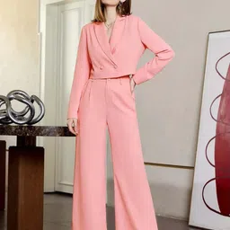 kotty Women's Solid Relaxed Fit Full Sleeve Co-ord Blazer and Trouser Set. Dusty Pink image 4