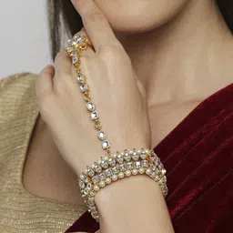 oomph Jewellery Kundan & Pearls Ethnic Hathphool Bracelet Kada with Ring for Women & Girls image 4