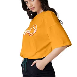 leotude Oversized Half Sleeve Tshirt for Women, Round Neck Longline Drop Shoulder Printed T-Shirt (Color Mustard) image 3