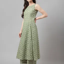 miss fame Women's Sleeveless Printed Cotton Kurta with Palazzo and Dupatta - (Green) image 3