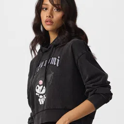 the souled store Hello Kitty: Kuromi Women and Girls Long Sleeves Hooded Neck Black Graphic Printed Cotton Oversized Hoodies image 3