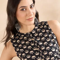 miss fame Women's Sleeveless Printed Cotton Kurta with Palazzo - (Brown) image 5