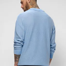 the souled store Knitted Pullover: Blue Wave Men and Boys Long Sleeves Round Neck Embroidered Acrylic Oversized Pullovers image 4