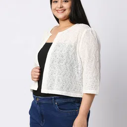 style quotient Women Off White Self Design Floral Lace Open Front Smart Casual Shrug image 4