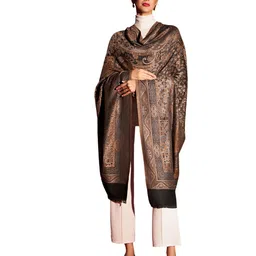 zamour Women's Faux Pashmina Jacquard Woven Jamawar Mughal Shawl in Golden Black image 1