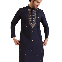 kisah Men's Kurta, Navy Blue Blended, Embellished Regular Fit Mandarin Collar Long Sleeves image 1