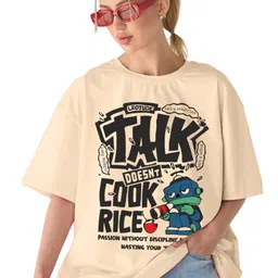 leotude Oversized Half Sleeve Tshirt for Women, Round Neck Longline Printed Drop Shoulder T-Shirt (Color Beige) image 1