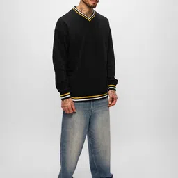 the souled store Tawny Men and Boys Long Sleeves V Neck Black Solid Cotton Blend Oversized Sweatshirts image 2